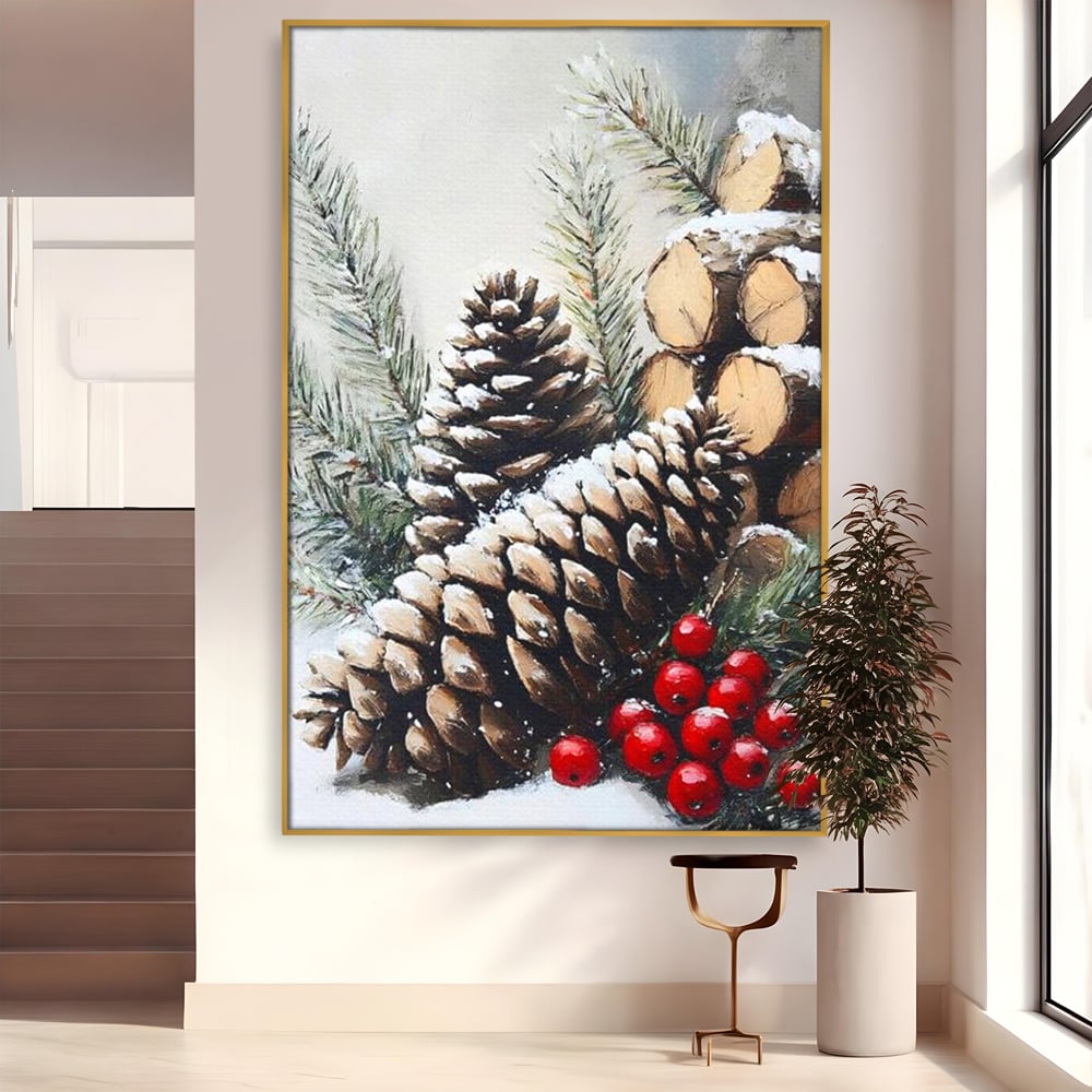 Tablou canvas cu pictura cu conuri de brad si bobite rosii, in rama de aluminiu auriu